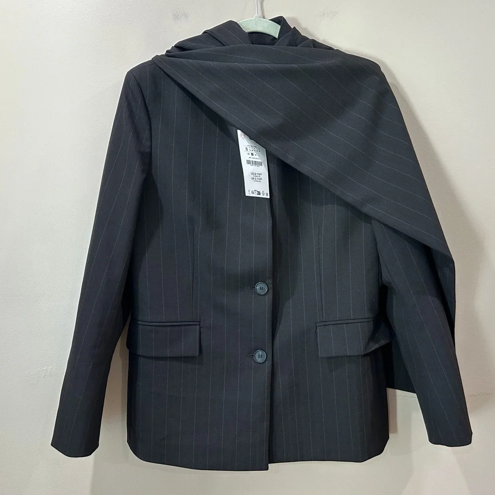 ZARA ZW Collection Limited Edition Pinstripe Blazer with Scarf Brown Women M NWT
